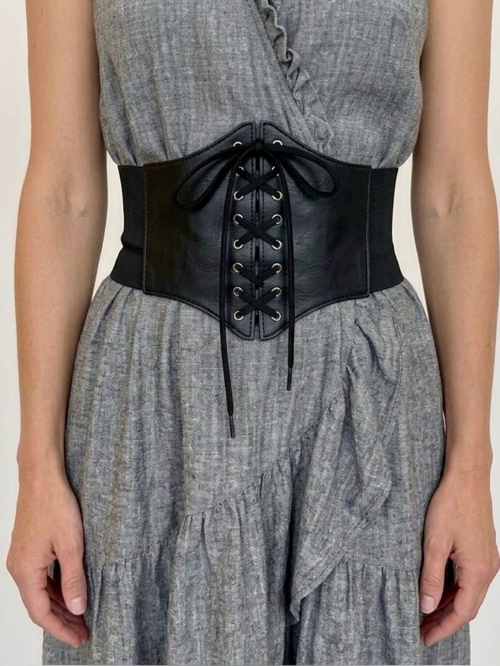 Black Lace Up Corset Waist Belt | Wide Elastic Stretch Cinch Belt Goth Y2K